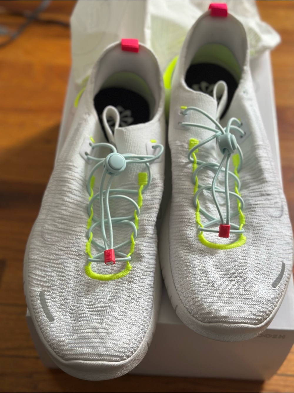 Nike White Knit running Sneakers with Neon Yellow and Light Blue Accents